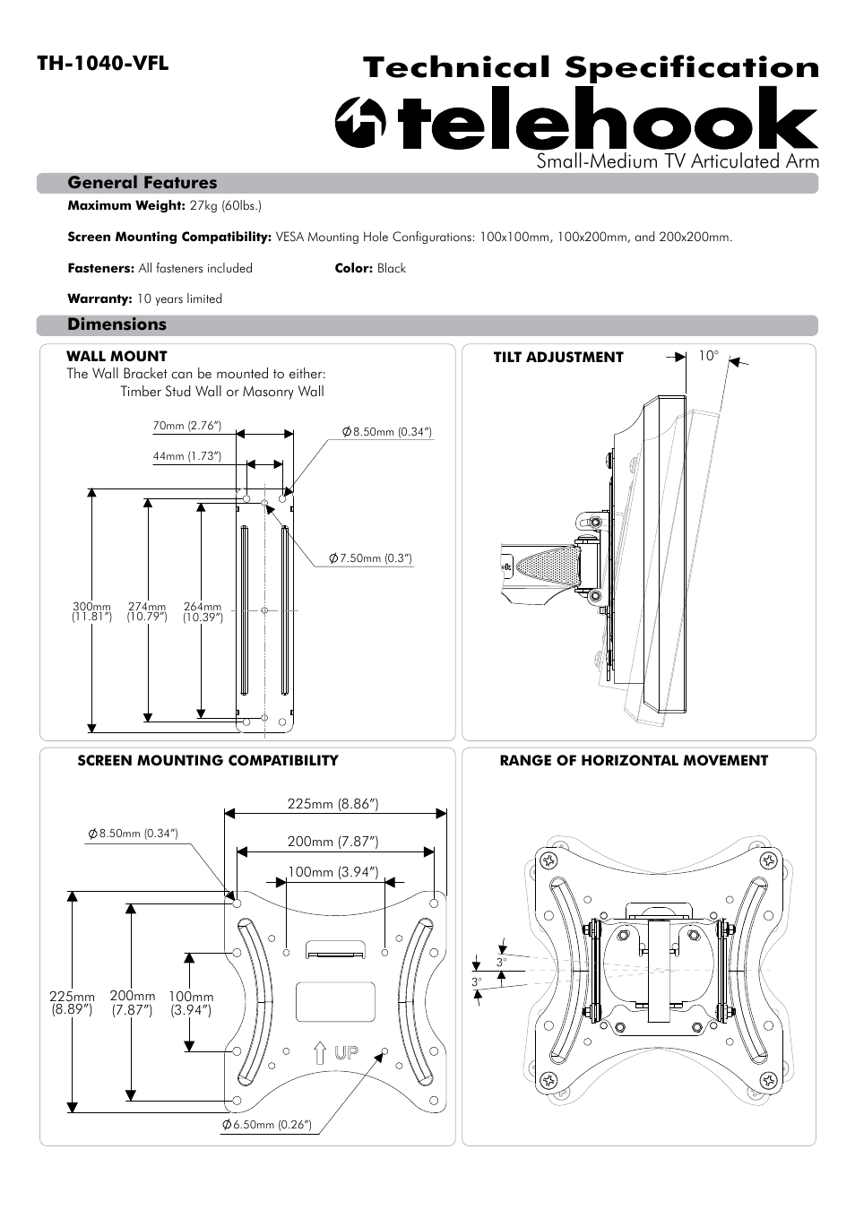 Atdec Telehook TH-1040-VFL Technical specs User Manual | 2 pages