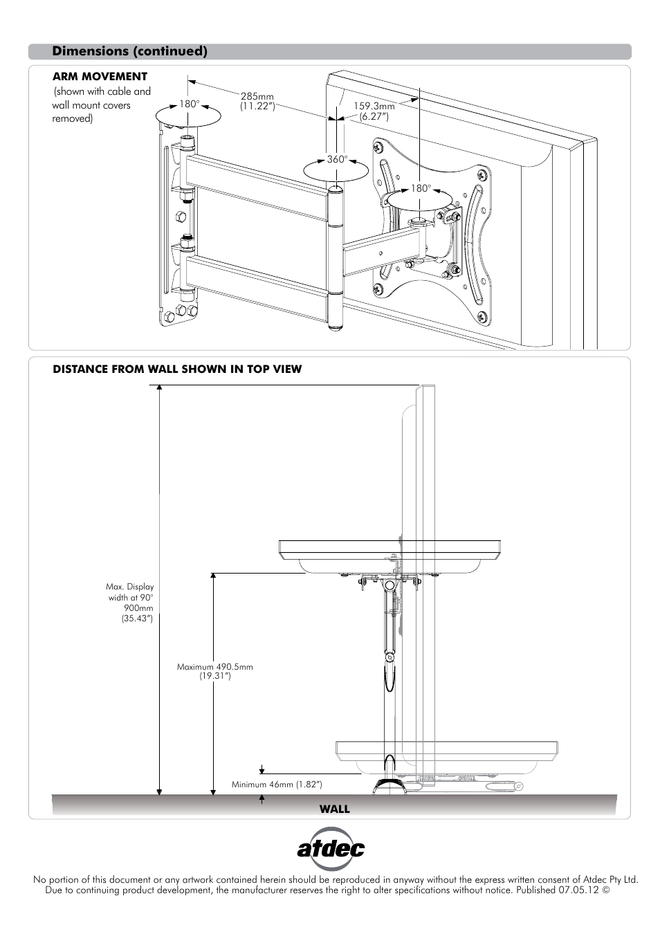 Dimensions (continued) | Atdec Telehook TH-1040-VFL Technical specs User Manual | Page 2 / 2