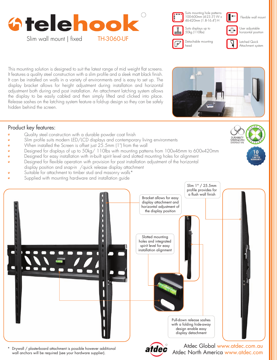 Atdec Telehook TH-3060-UF product brochure User Manual | 2 pages