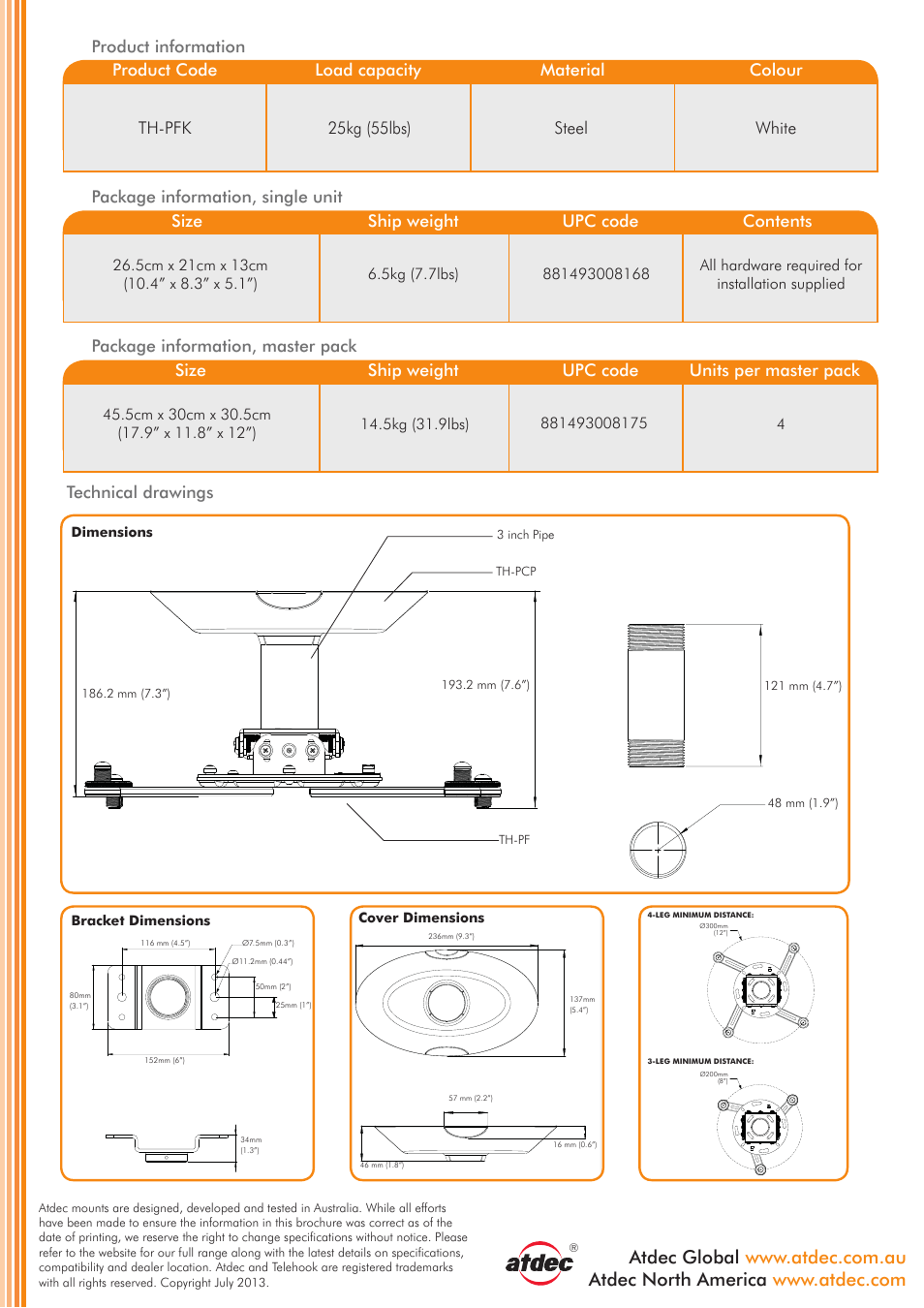 Th-pfk pro av projector ceiling mount with 3” pole, Technical specifications, General features dimensions | 25kg (55lbs), Steel, White, Technical drawings, All hardware required for installation supplied 4, Dimensions bracket dimensions cover dimensions | Atdec Telehook TH-PFK product brochure User Manual | Page 2 / 2