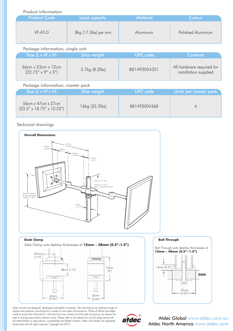 D the flexistar™ mechanism, C overall dimensions, E min/max display distance | F desk mounting options desk clamp, Bolt through | Atdec Visidec VF-AT-D product brochure User Manual | Page 2 / 2