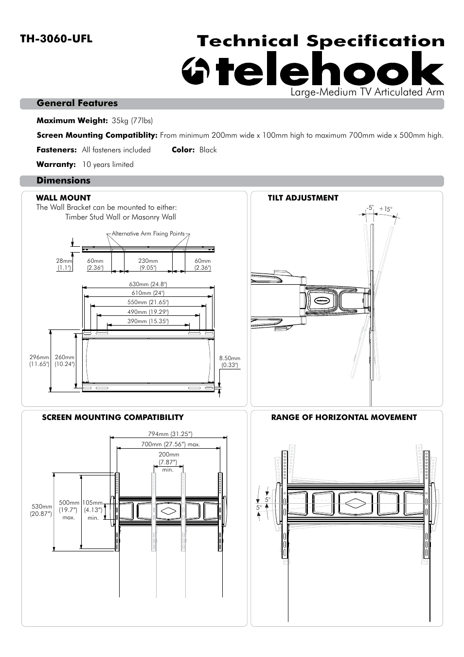 Atdec Telehook TH-3060-UFL Technical specs User Manual | 2 pages