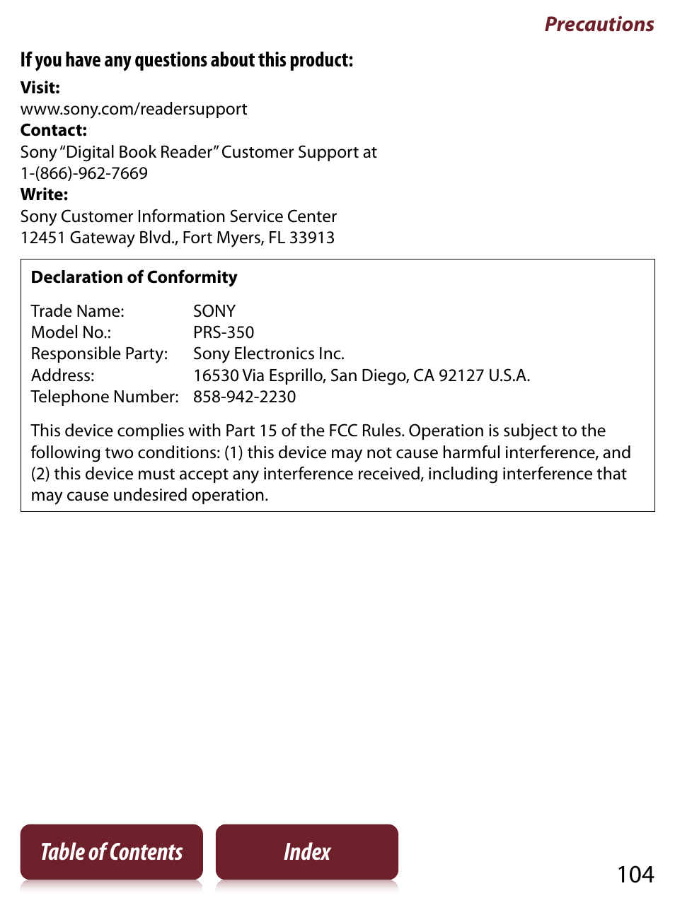 104 table of contents index, Precautions, If you have any questions about this product | Sony PRS-350 User Manual | Page 104 / 131