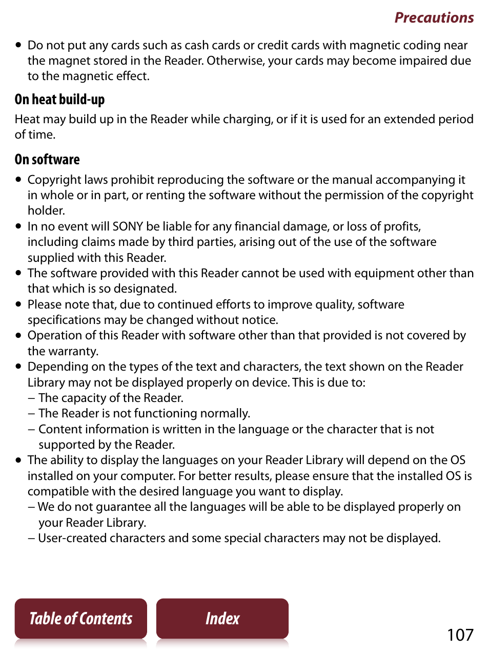 107 table of contents index, Precautions, On heat build-up | On software | Sony PRS-350 User Manual | Page 107 / 131