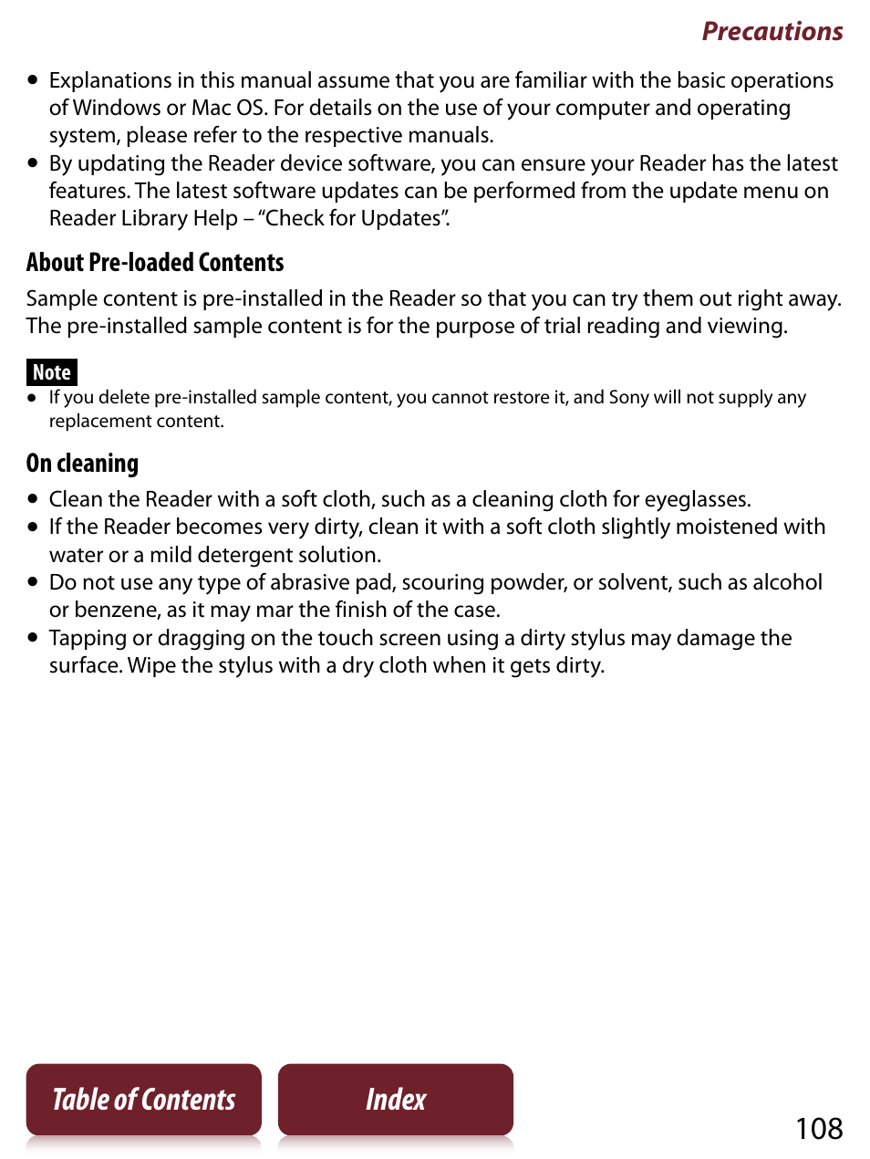 108 table of contents index, Precautions, About pre-loaded contents | On cleaning | Sony PRS-350 User Manual | Page 108 / 131