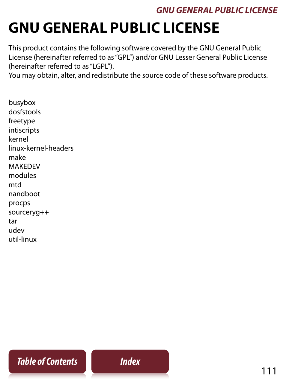 Gnu general public license, 111 table of contents index | Sony PRS-350 User Manual | Page 111 / 131
