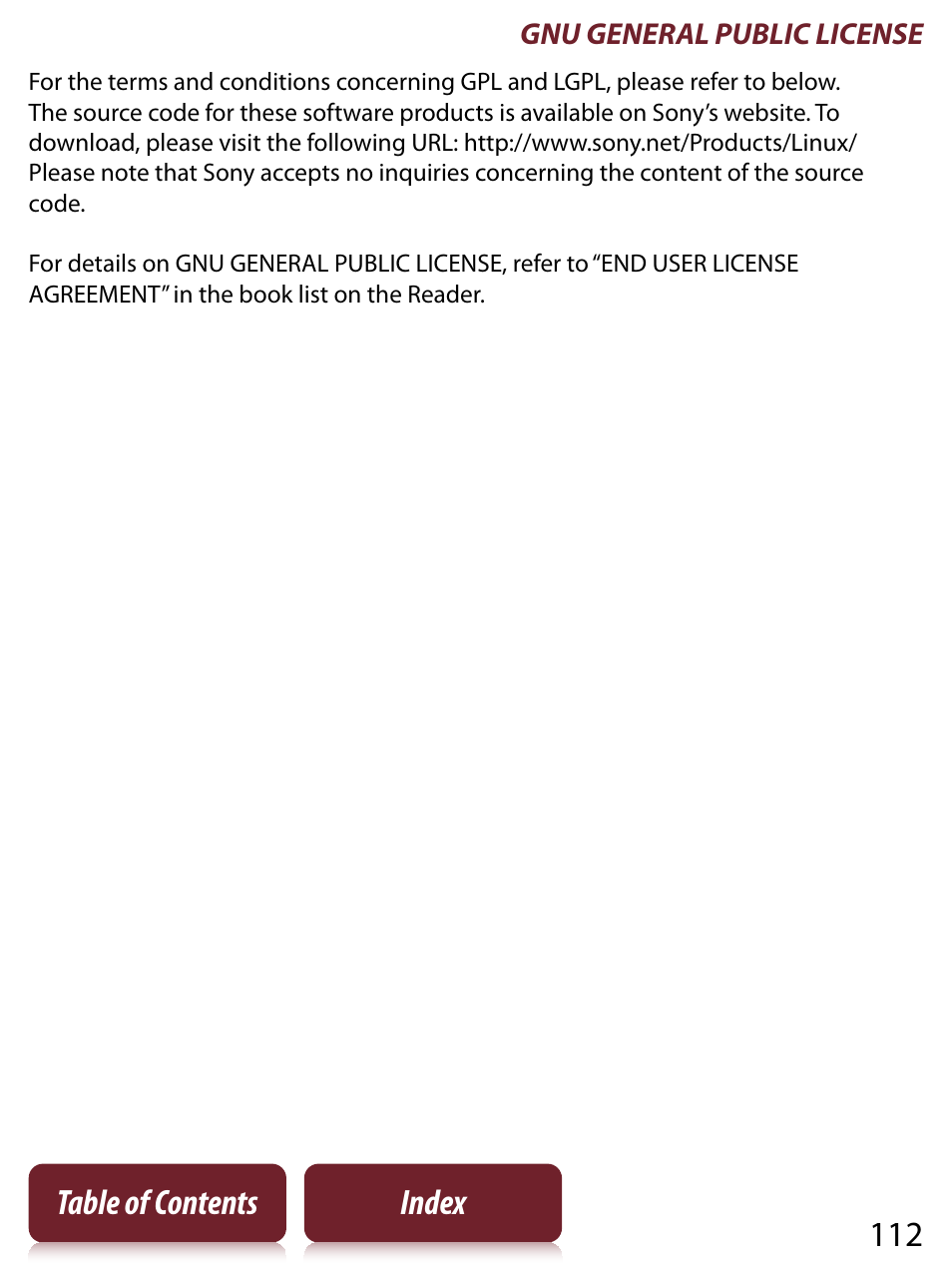 112 table of contents index | Sony PRS-350 User Manual | Page 112 / 131