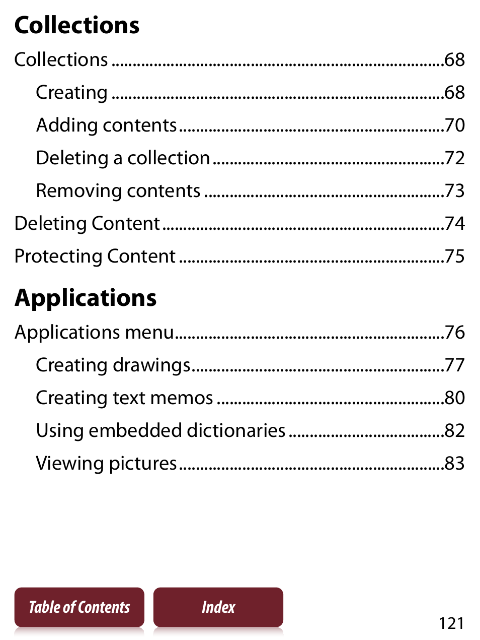 Collections, Applications | Sony PRS-350 User Manual | Page 121 / 131