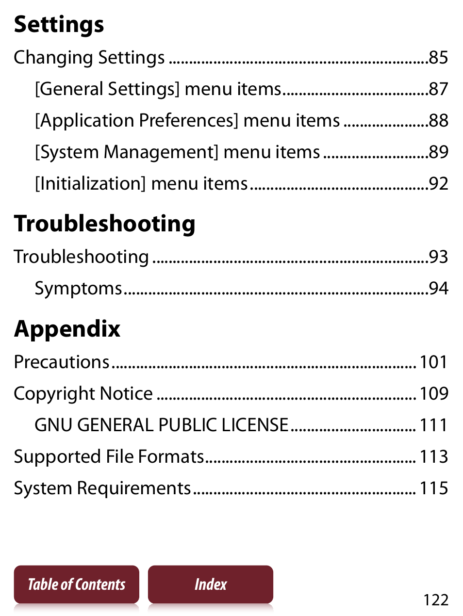 Settings, Troubleshooting, Appendix | Sony PRS-350 User Manual | Page 122 / 131
