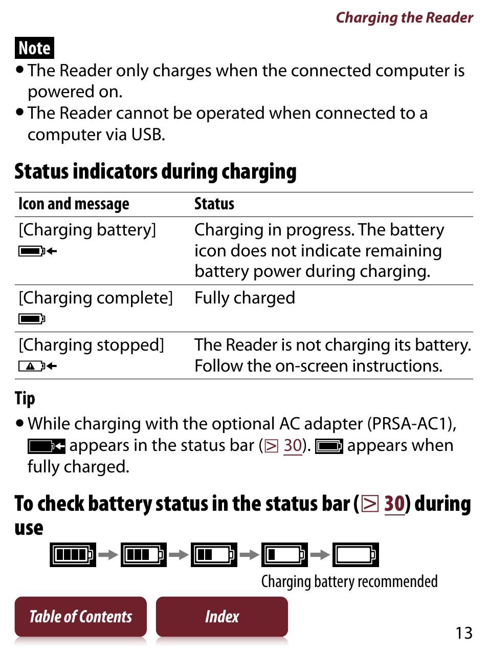 Status indicators during charging | Sony PRS-350 User Manual | Page 13 / 131