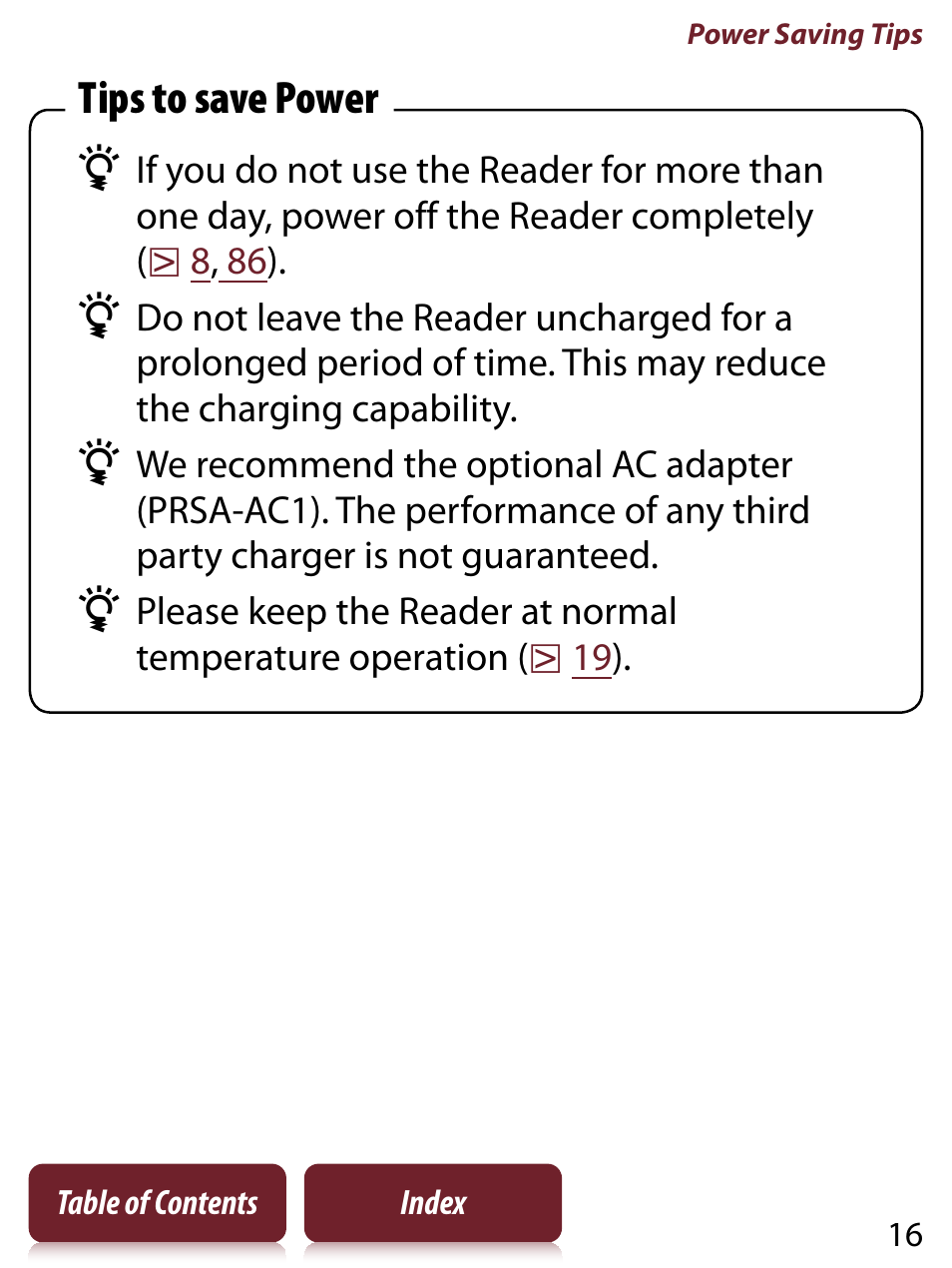 Tips to save power | Sony PRS-350 User Manual | Page 16 / 131