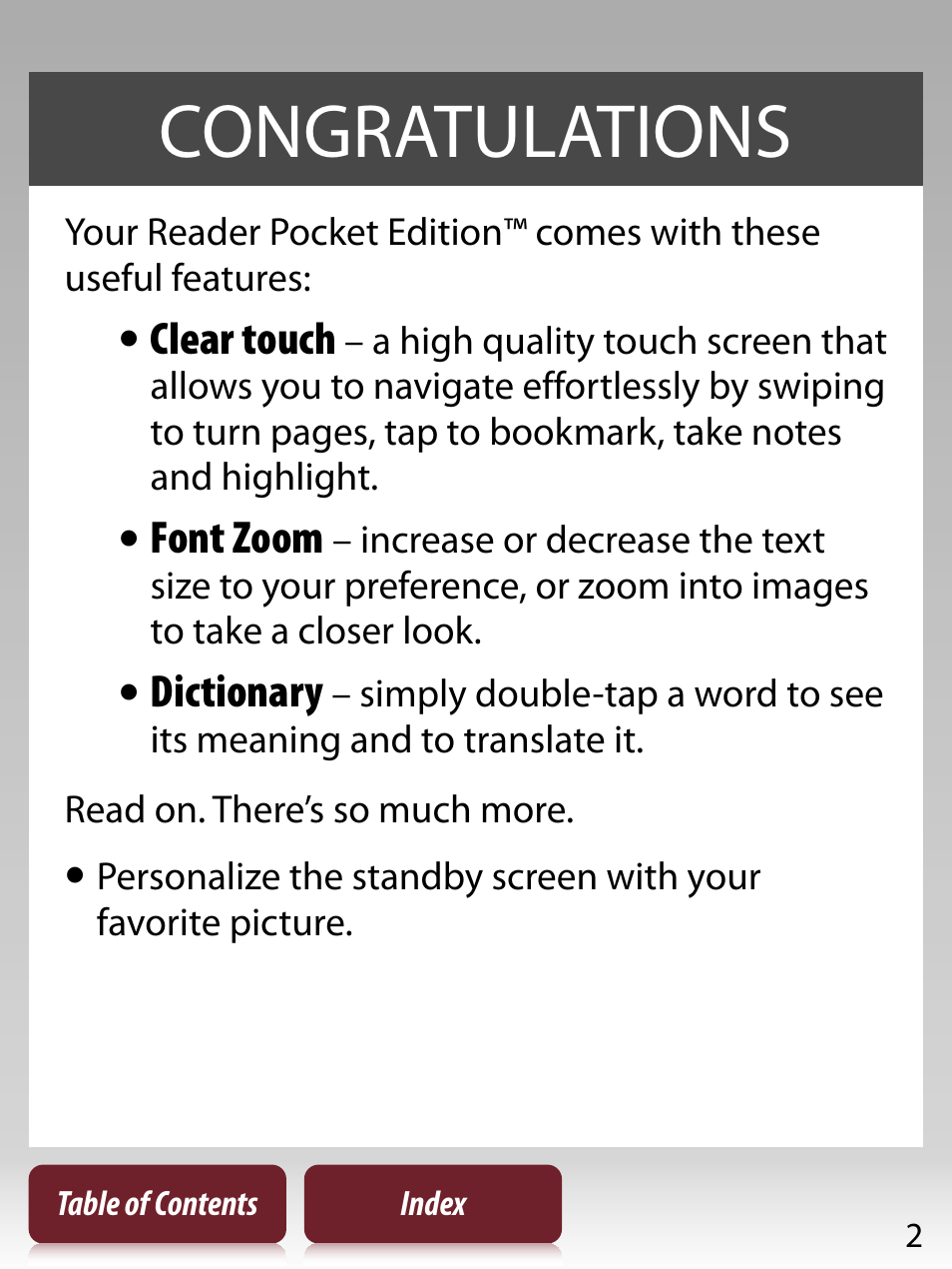 Congratulations, Clear touch, Font zoom | Dictionary | Sony PRS-350 User Manual | Page 2 / 131
