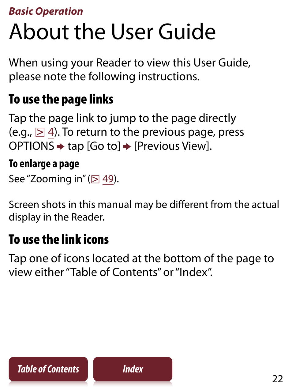 Basic operation, About the user guide | Sony PRS-350 User Manual | Page 22 / 131