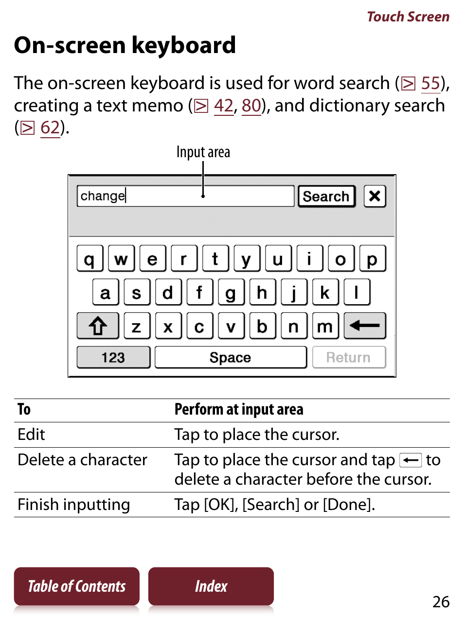 On-screen keyboard | Sony PRS-350 User Manual | Page 26 / 131