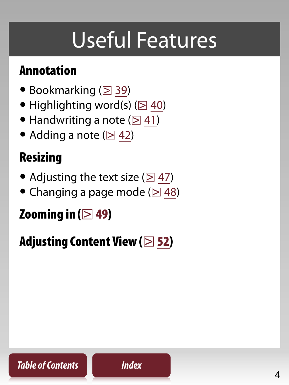 Useful features, Annotation, Resizing | Sony PRS-350 User Manual | Page 4 / 131