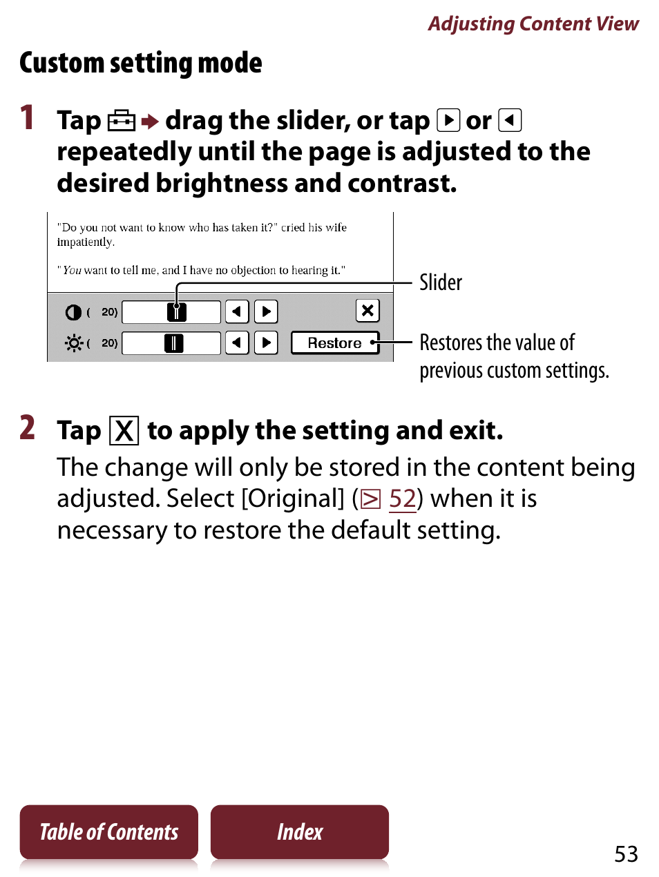 Om setting mode, Custom setting mode | Sony PRS-350 User Manual | Page 53 / 131