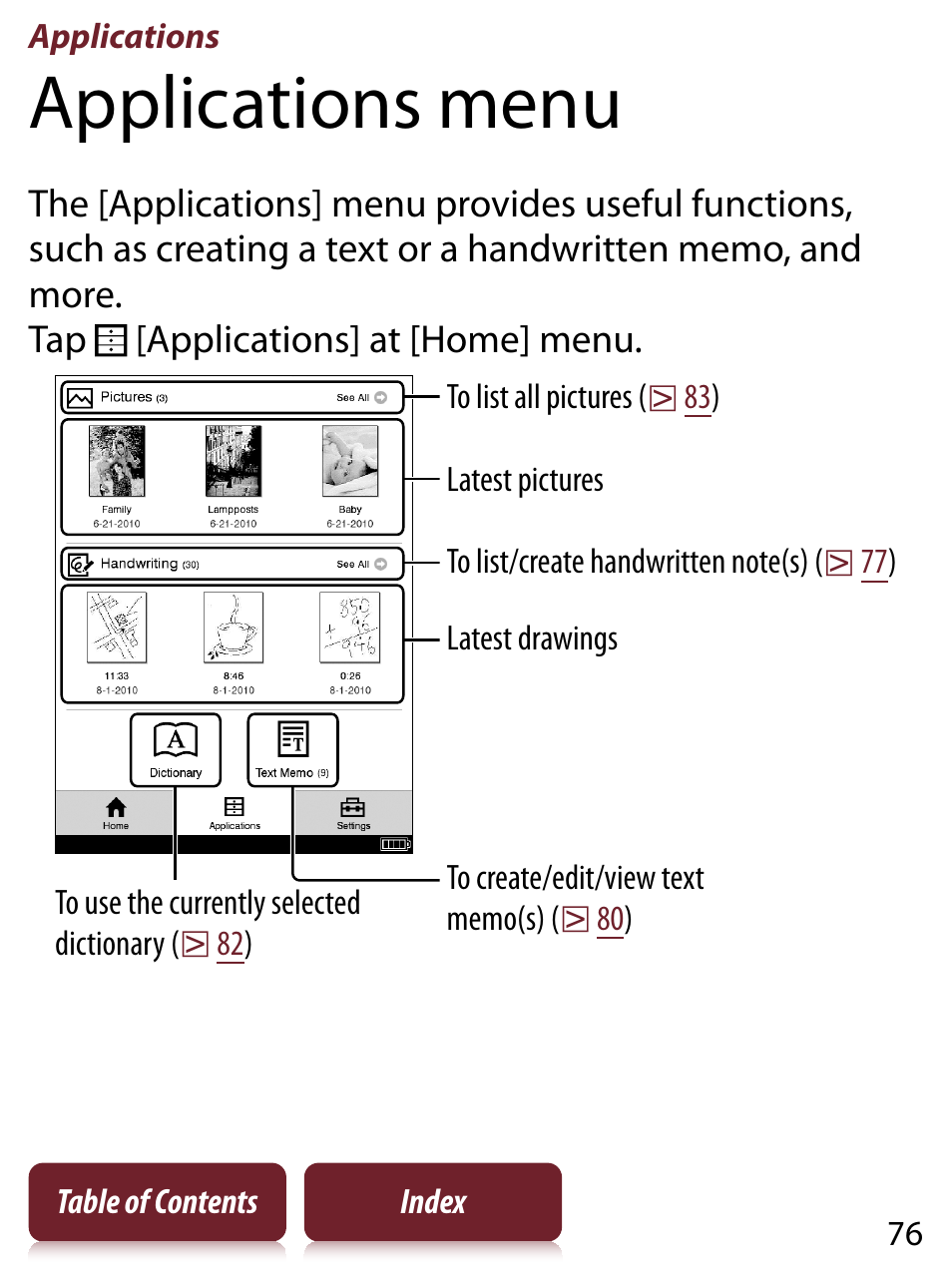 Applications, Applications menu | Sony PRS-350 User Manual | Page 76 / 131