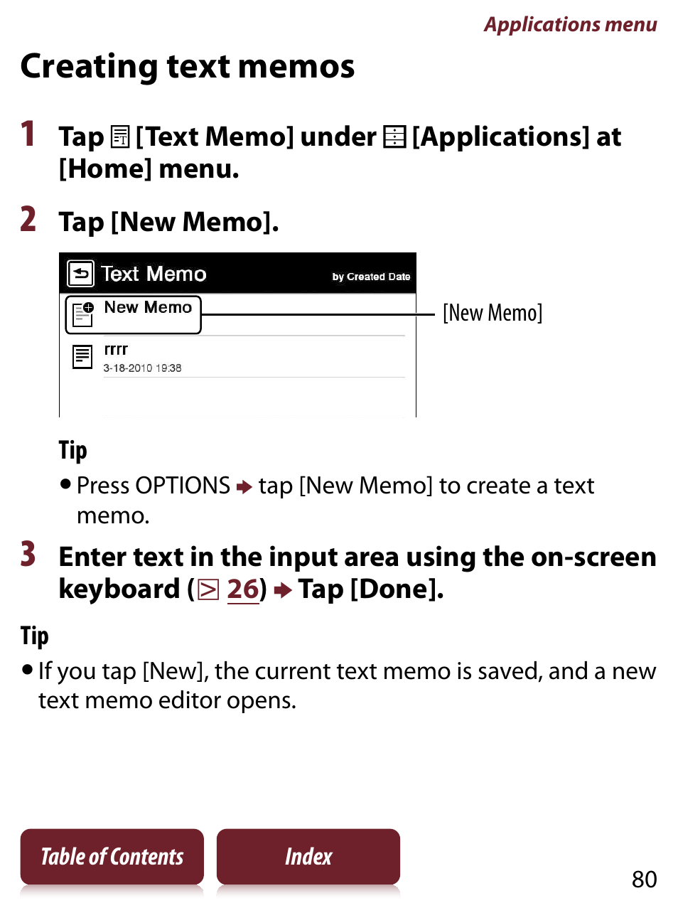 Creating text memos, And dic, Memo(s) | Sony PRS-350 User Manual | Page 80 / 131
