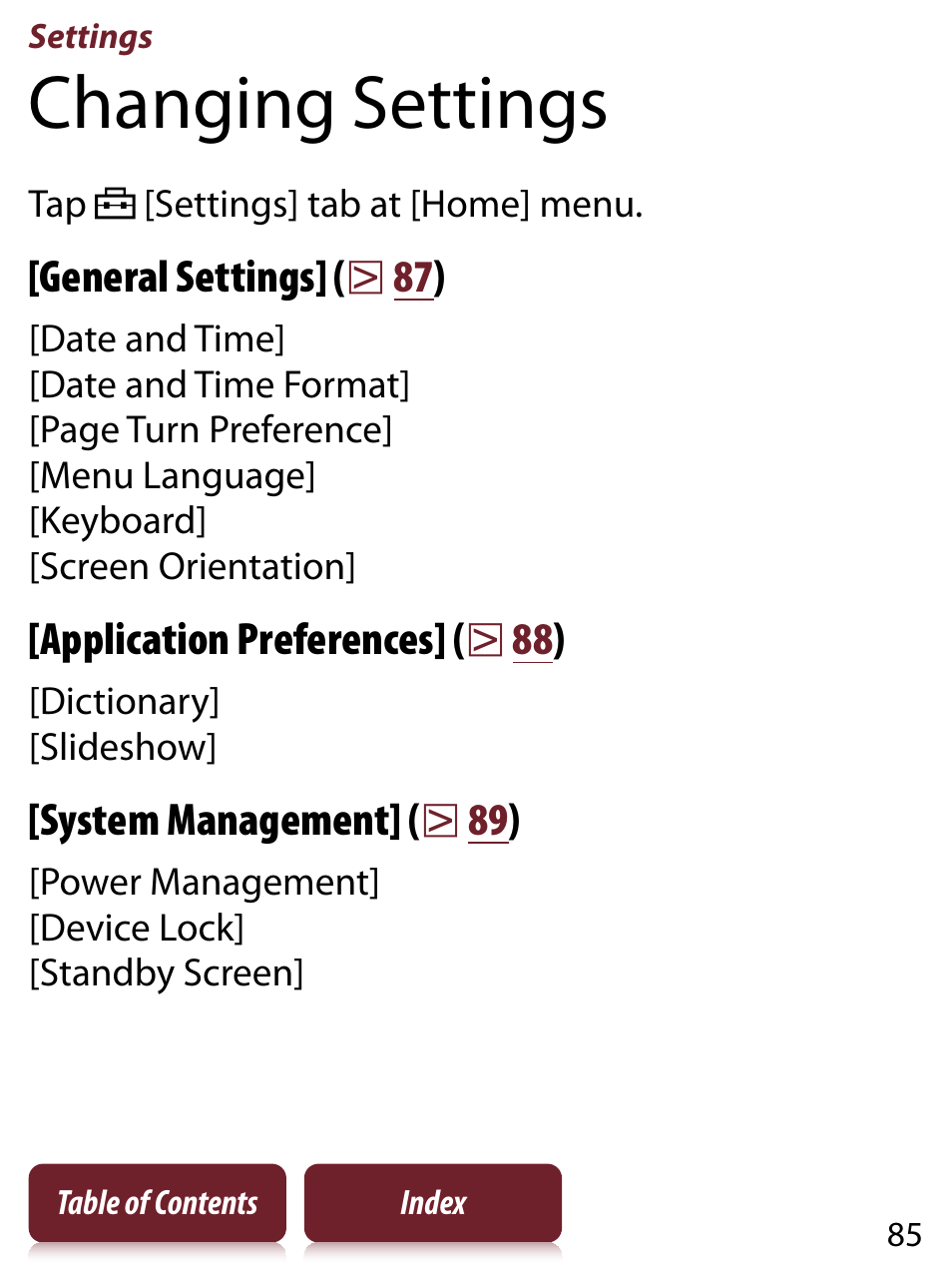 Settings, Changing settings | Sony PRS-350 User Manual | Page 85 / 131