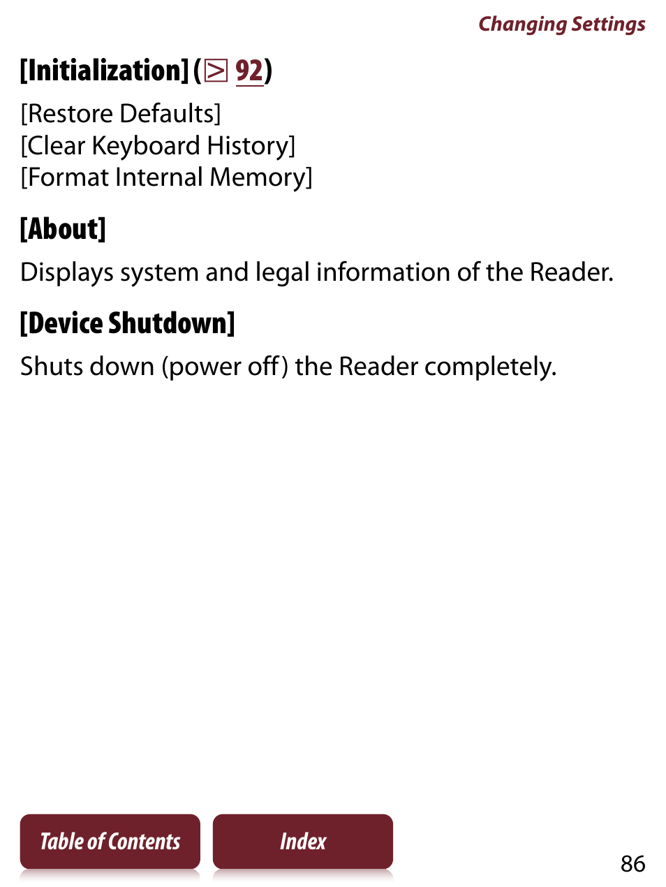 Initialization] (  92 ), About, Device shutdown | Sony PRS-350 User Manual | Page 86 / 131