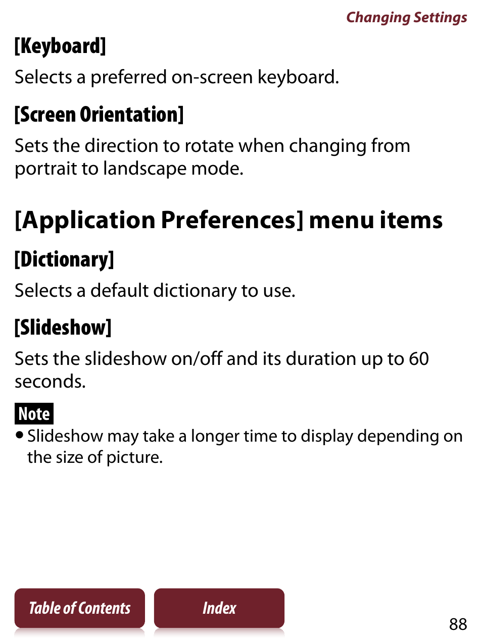 Application preferences] menu items, Tion, Keyboard | Screen orientation, Dictionary, Slideshow | Sony PRS-350 User Manual | Page 88 / 131