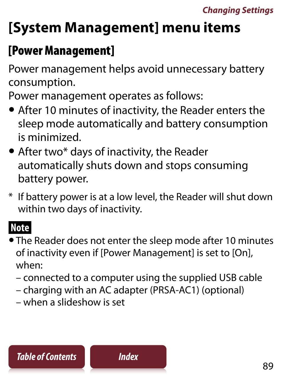 System management] menu items, Power management | Sony PRS-350 User Manual | Page 89 / 131