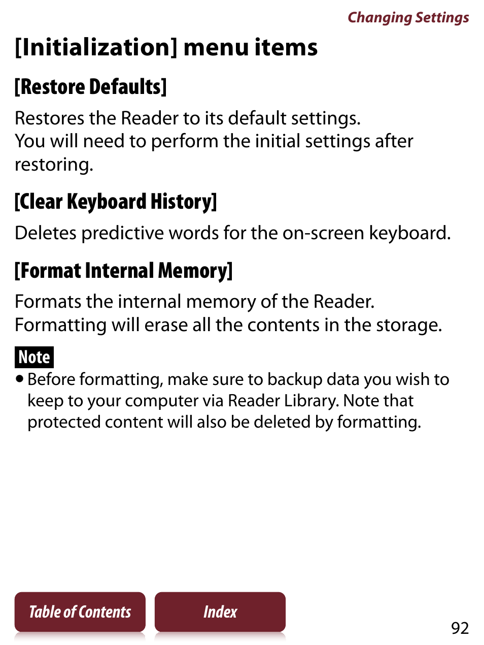 Initialization] menu items, Restore defaults, Clear keyboard history | Sony PRS-350 User Manual | Page 92 / 131