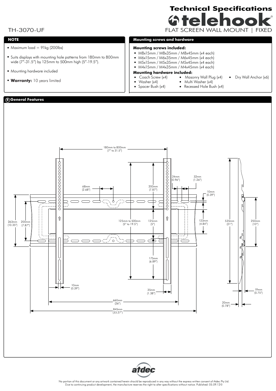 Atdec Telehook TH-3070-UF Technical specs User Manual | 1 page