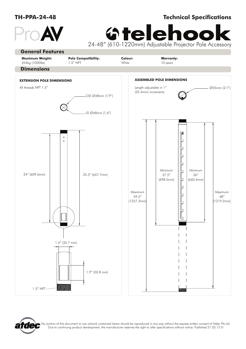 Atdec Telehook TH-PPA-2448 Technical specs User Manual | 1 page