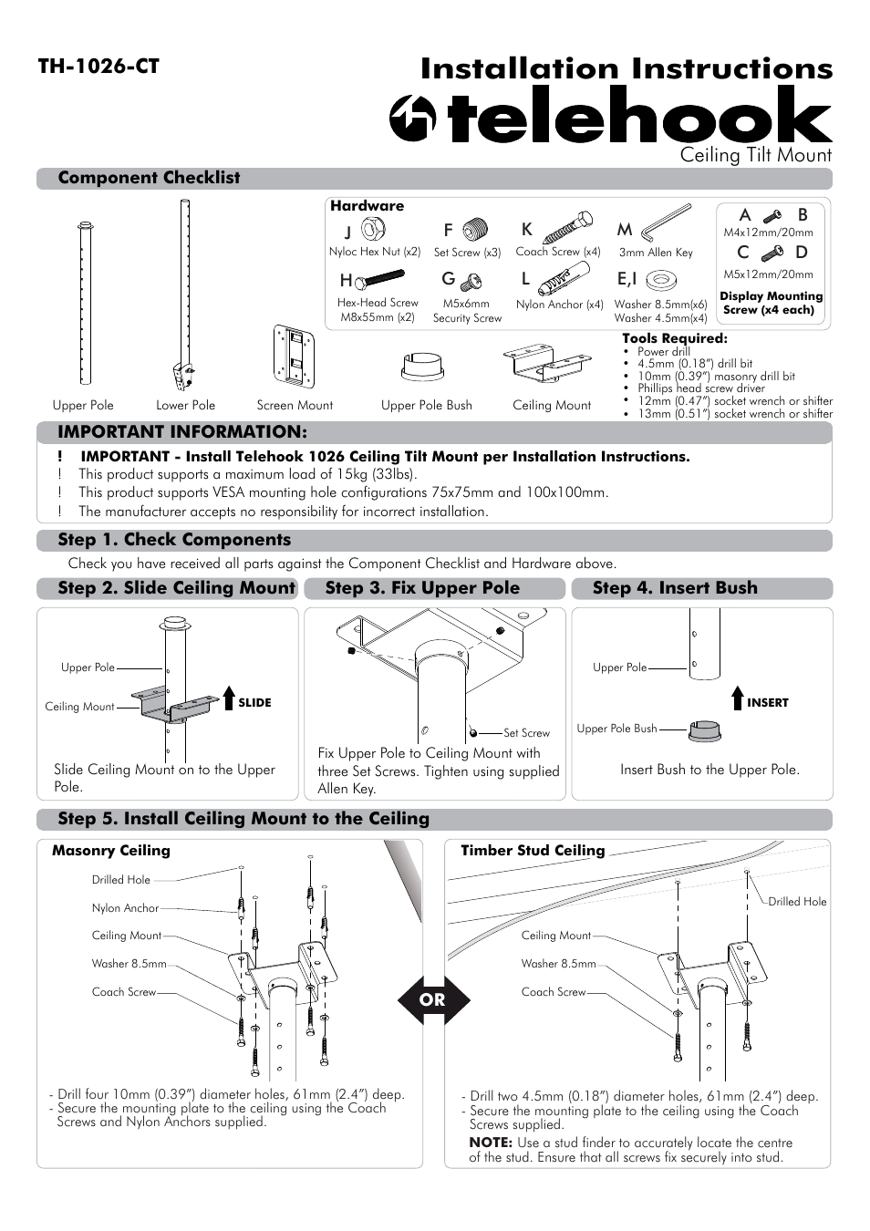 Atdec Telehook TH-1026-CT Installation manual User Manual | 2 pages