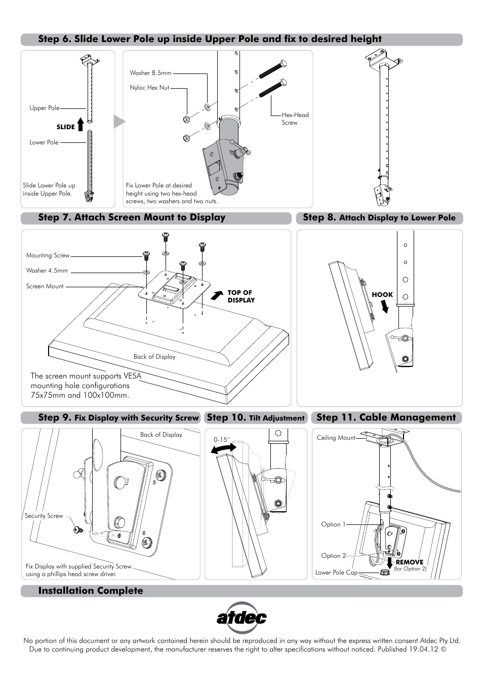 Th-1026-ct installation instructions-02, Step 11. cable management, Installation complete | Step 8, Step 10 | Atdec Telehook TH-1026-CT Installation manual User Manual | Page 2 / 2