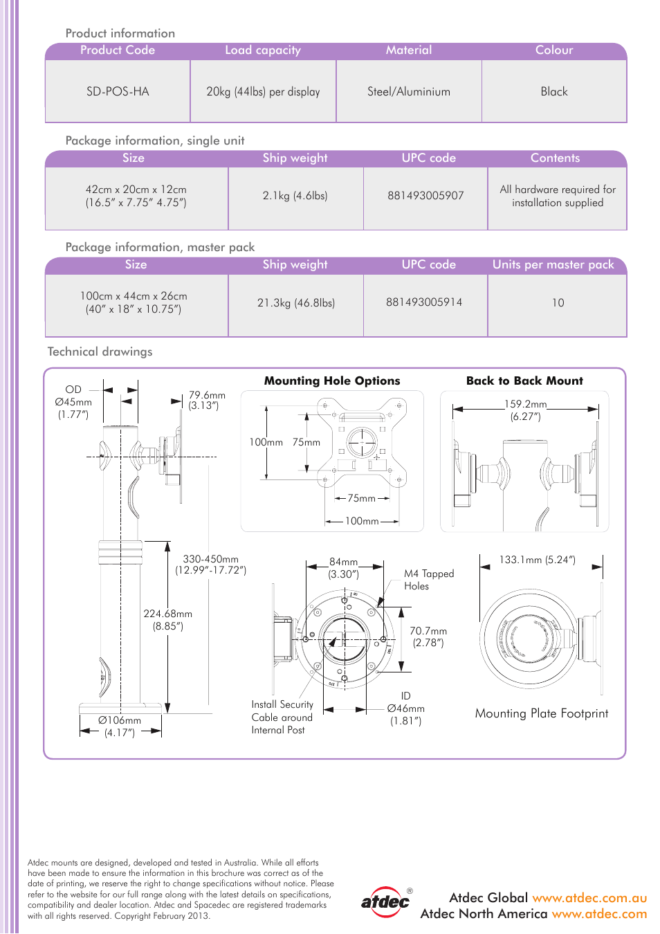 Mounting plate f ootprint | Atdec Spacedec SD-POS-HA product brochure User Manual | Page 2 / 2