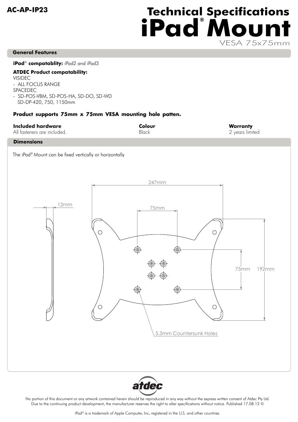 Atdec Adaptor AC-AP-IP23 Technical specs User Manual | 1 page