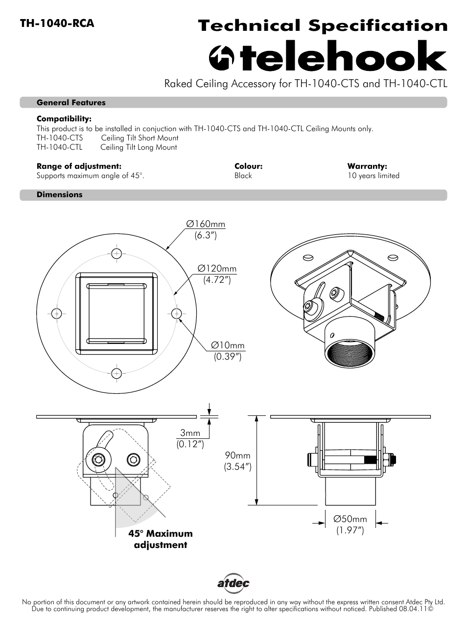 Atdec Telehook TH-1040-RCA Technical specs User Manual | 1 page