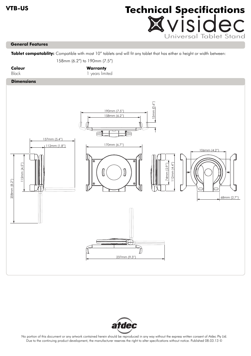 Atdec Visidec VTB-US Technical specs User Manual | 1 page