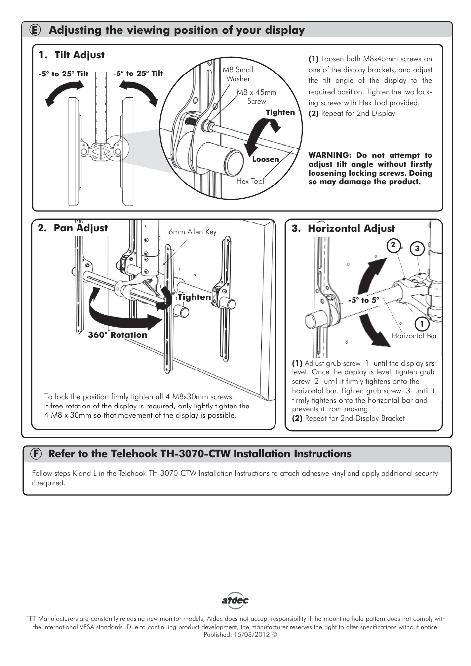 Telehook th-3070-ctw-bb installation manual 2-01, E adjusting the viewing position of your display, Horizontal adjust | Pan adjust, Tilt adjust | Atdec Telehook TH-3070-CTW-BB Installation manual User Manual | Page 2 / 2