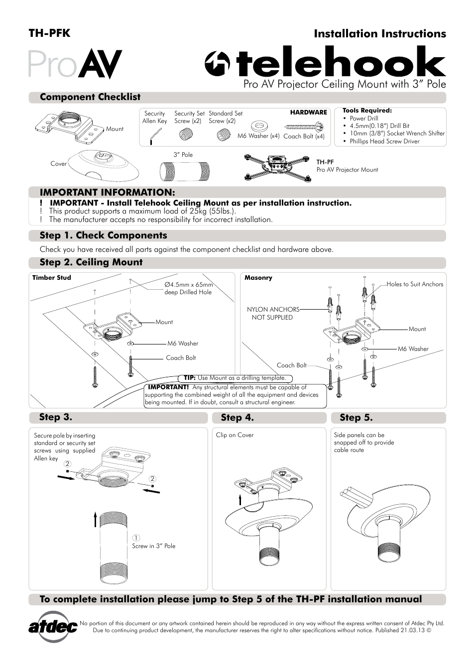 Atdec Telehook TH-PFK Installation manual User Manual | 1 page