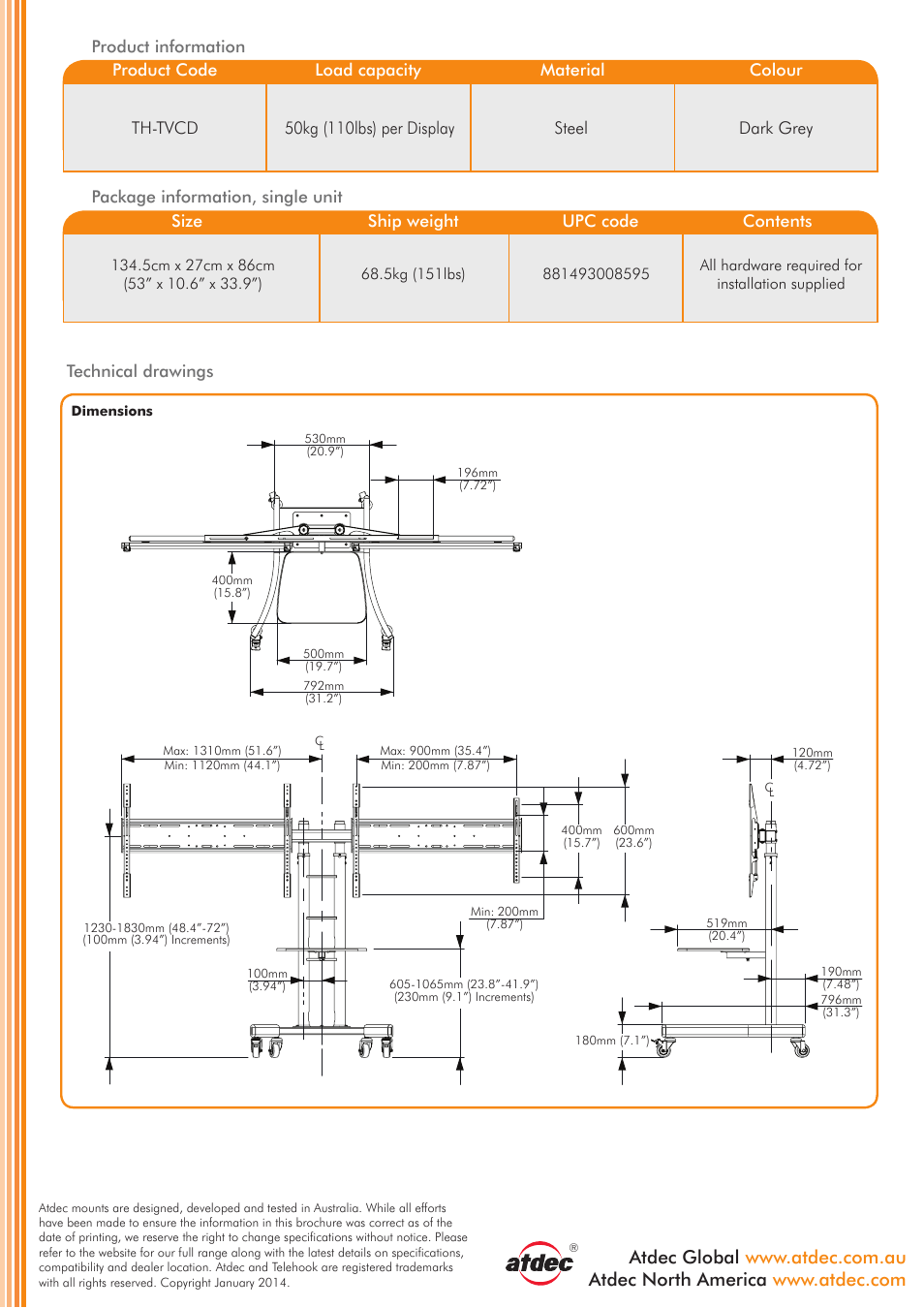 Steel, Dark grey, Technical drawings | 5kg (151lbs), All hardware required for installation supplied | Atdec Telehook TH-TVCD product brochure User Manual | Page 2 / 2