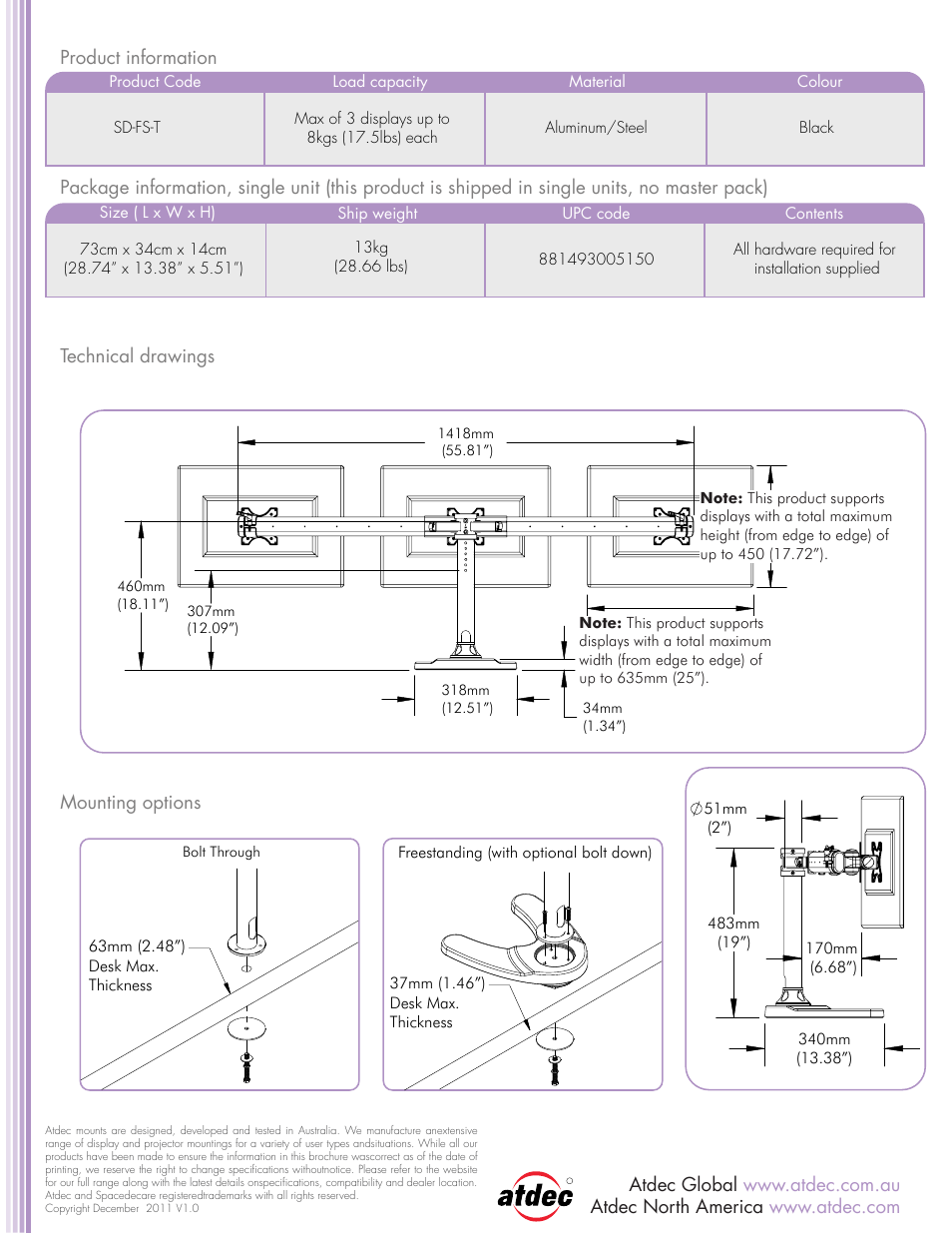 Technical drawings mounting options | Atdec Spacedec SD-FS-T product brochure User Manual | Page 2 / 2