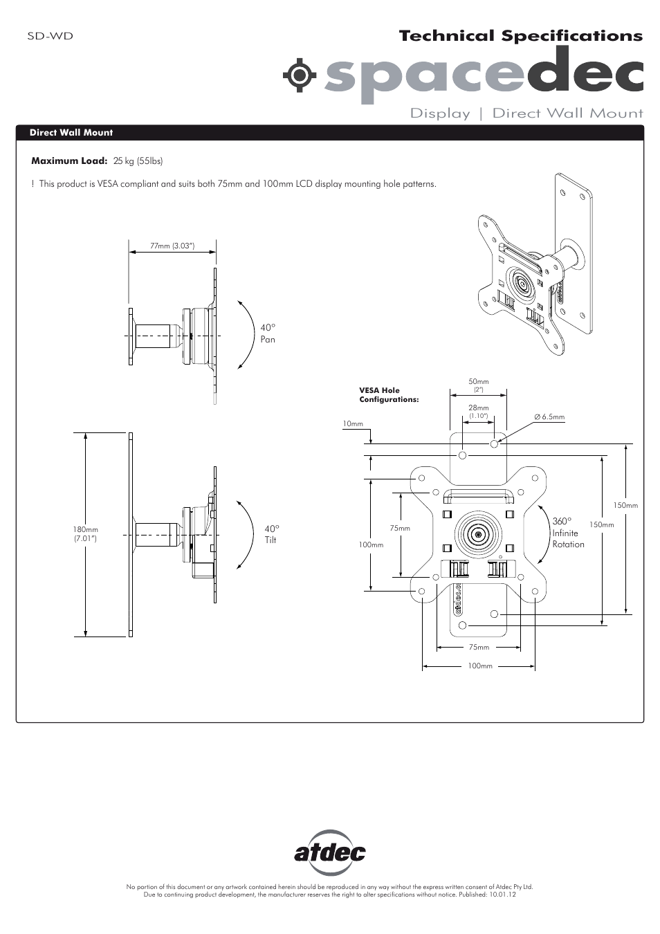 Atdec Spacedec SD-WD Technical specs User Manual | 1 page