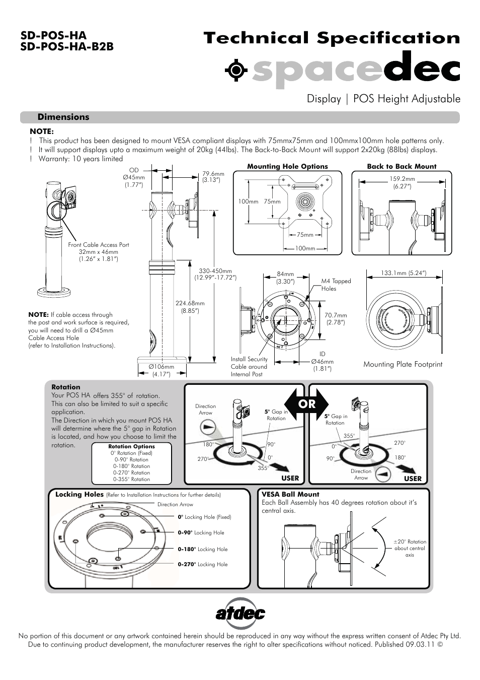 Atdec Spacedec SD-POS-HA-B2B Technical specs User Manual | 1 page