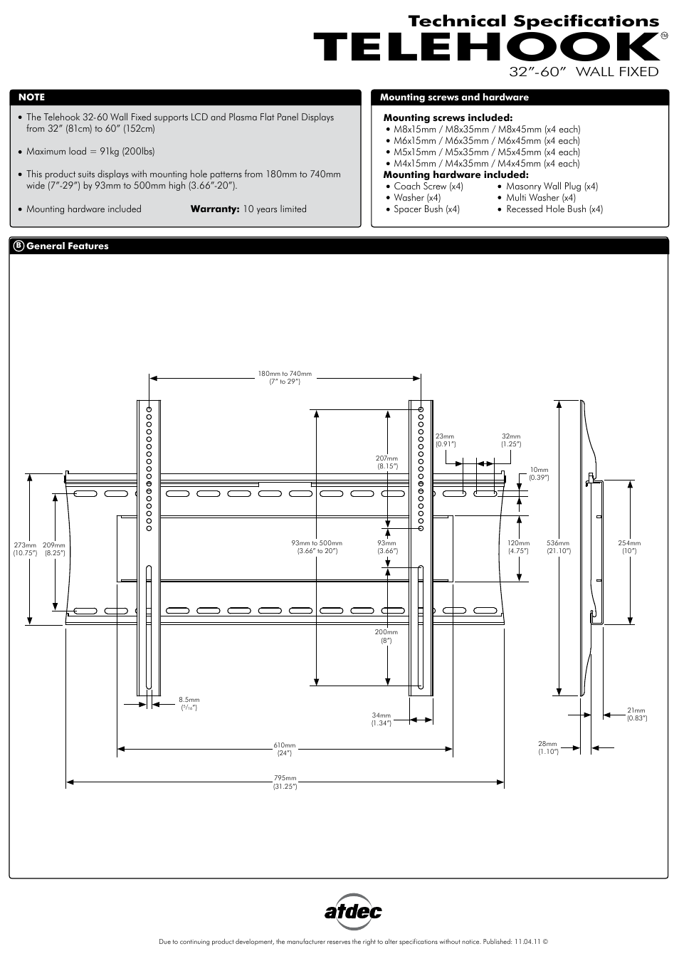 Atdec Telehook TH-3260-UFB Technical specs User Manual | 1 page