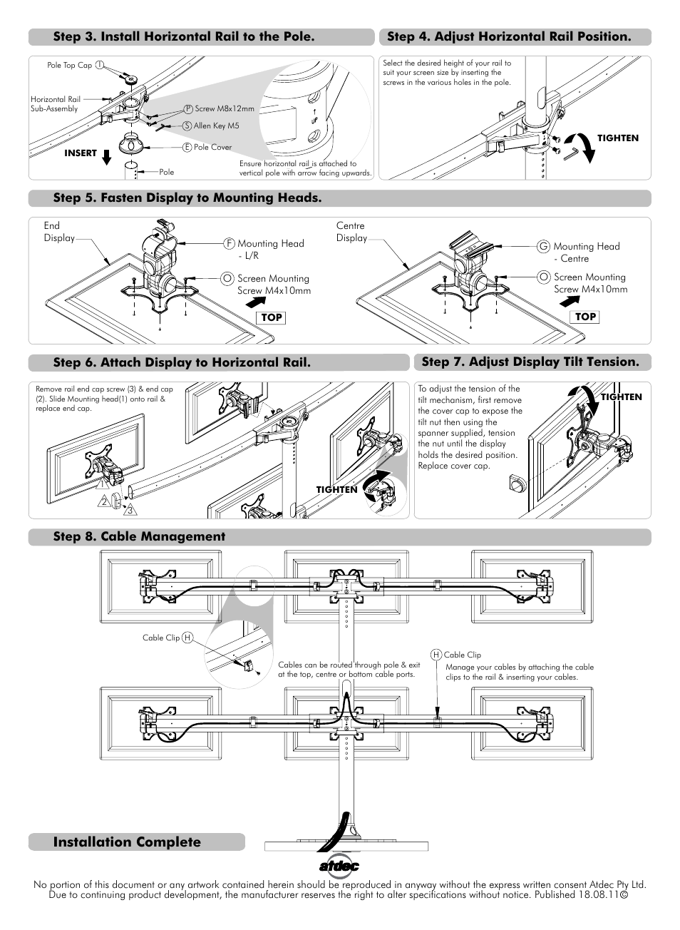 Installation complete, Step 4. adjust horizontal rail position, Step 7. adjust display tilt tension | Atdec Spacedec SD-FS-H Installation manual User Manual | Page 2 / 2