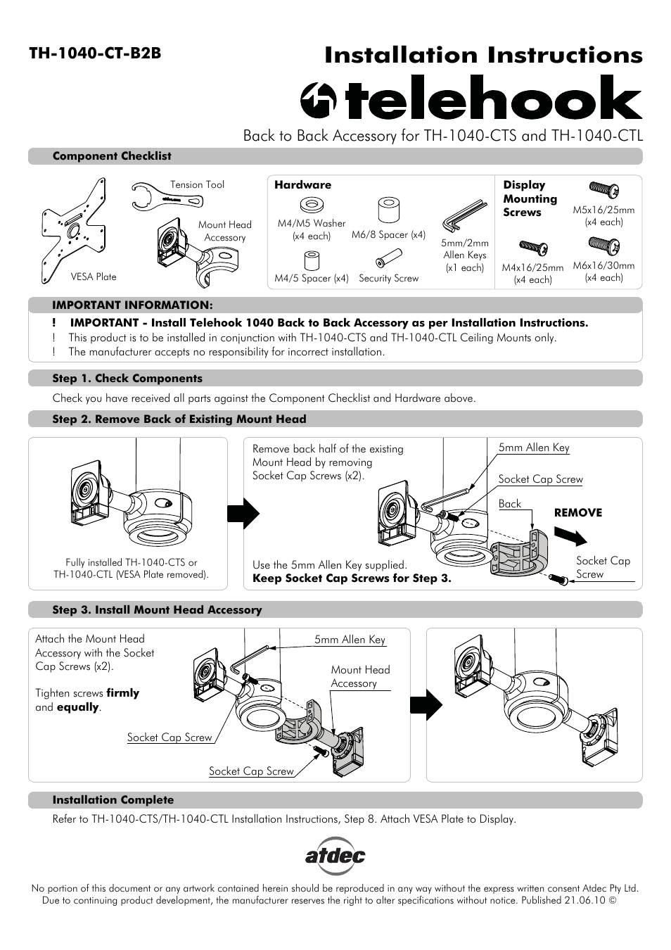 Atdec Telehook TH-1040-CT-B2B Installation manual User Manual | 1 page