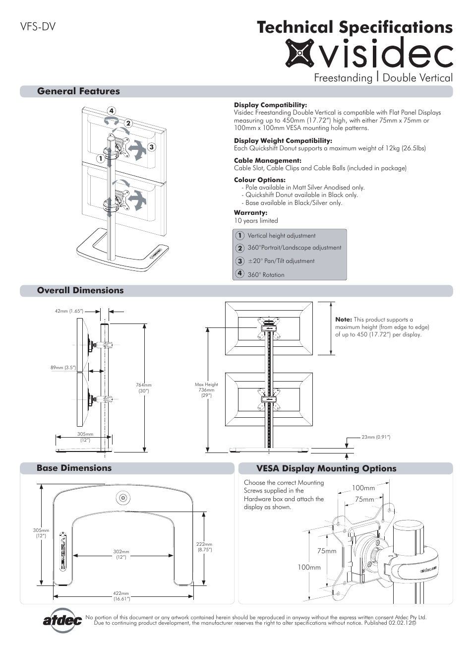Atdec Visidec VFS-DV Technical specs User Manual | 1 page