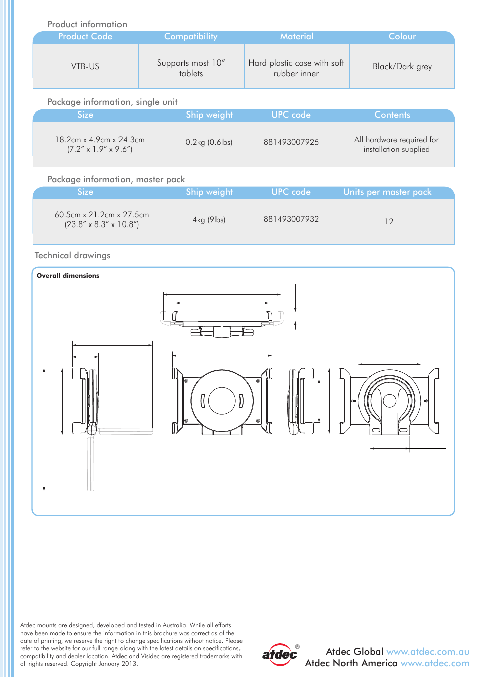 Visidec vtb-us product brochure - p2, Technical specifications, Universal tablet stand vtb-us | Atdec Visidec VTB-US product brochure User Manual | Page 2 / 2