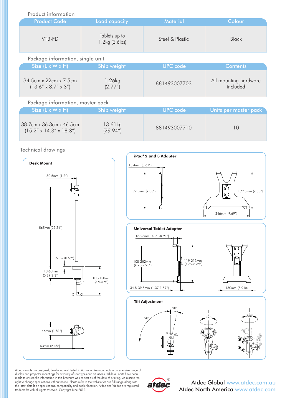 Technical specifications, Vtb-fd, Tablet flexible desk mount | General features | Atdec Visidec VTB-FD product brochure User Manual | Page 2 / 2