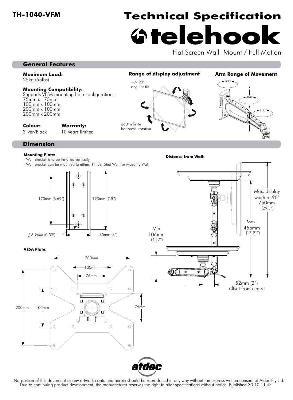 Atdec Telehook TH-1040-VFM Technical specs User Manual | 1 page