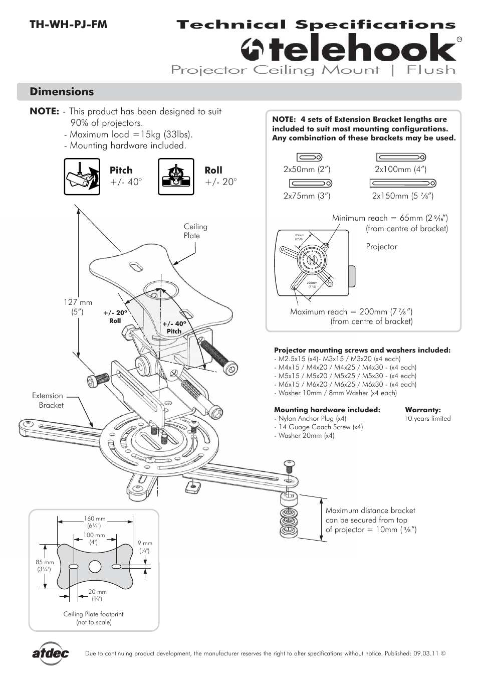 Atdec Telehook TH-WH-PJ-FM Technical specs User Manual | 1 page