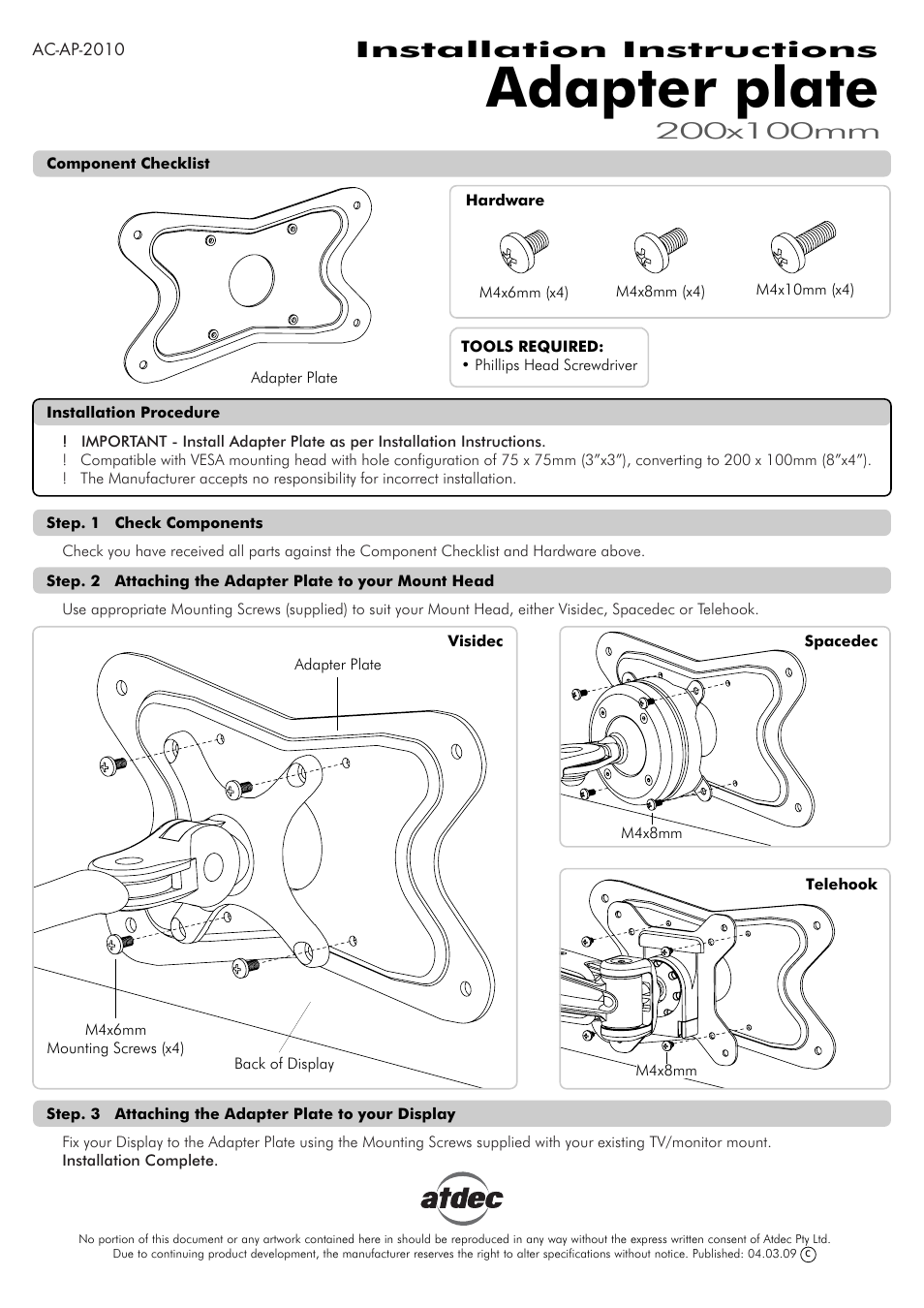 Atdec Adaptor AC-AP-2010 Installation manual User Manual | 1 page
